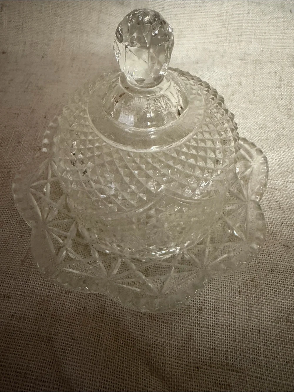 Avon Fostoria Diamond Point Stars Glass Covered Dish Candy Butter 6” 2 Piece